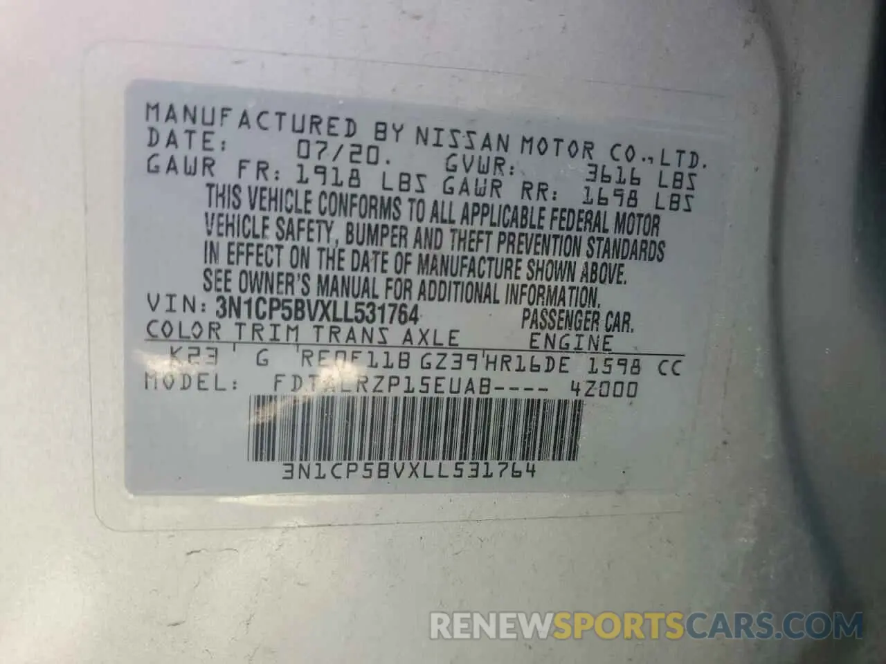 16 Photograph of a damaged car 3N1CP5BVXLL531764 NISSAN KICKS 2020