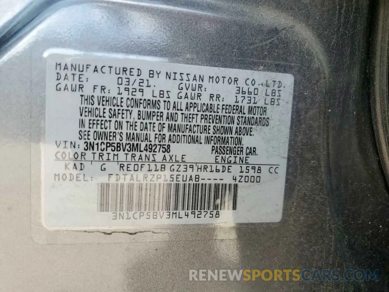 15 Photograph of a damaged car 3N1CP5BV3ML492758 NISSAN KICKS 2021
