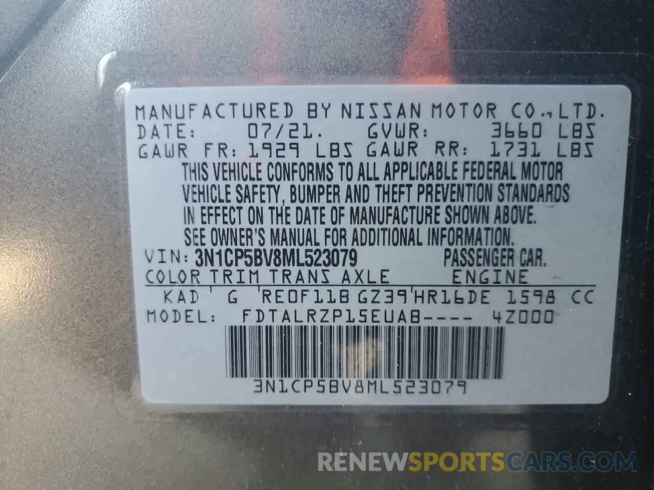 16 Photograph of a damaged car 3N1CP5BV8ML523079 NISSAN KICKS 2021