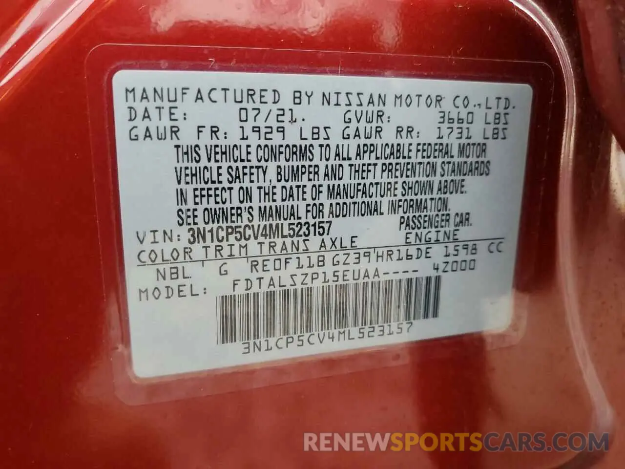 14 Photograph of a damaged car 3N1CP5CV4ML523157 NISSAN KICKS 2021