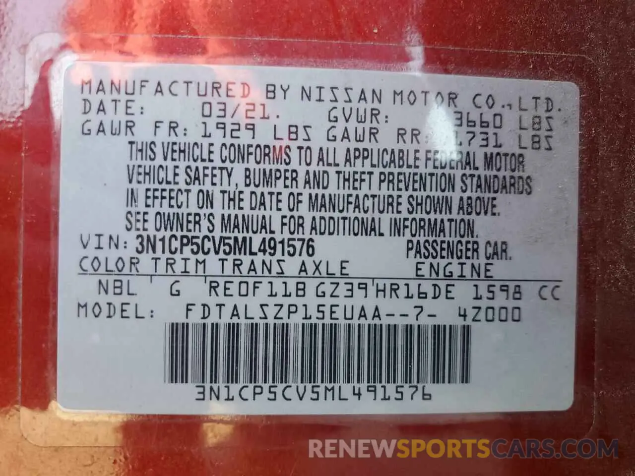 14 Photograph of a damaged car 3N1CP5CV5ML491576 NISSAN KICKS 2021