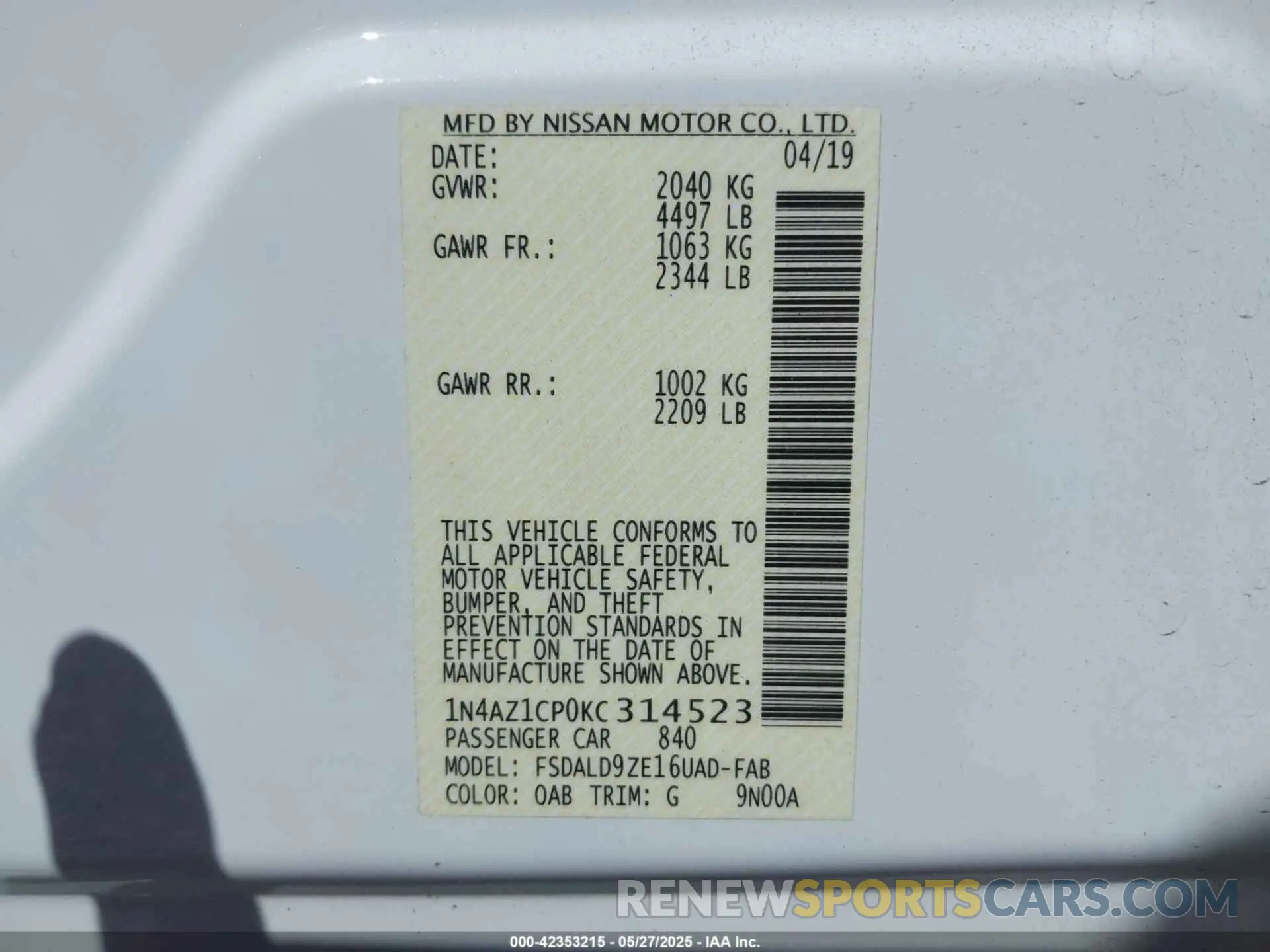 9 Photograph of a damaged car 1N4AZ1CP0KC314523 NISSAN LEAF 2019