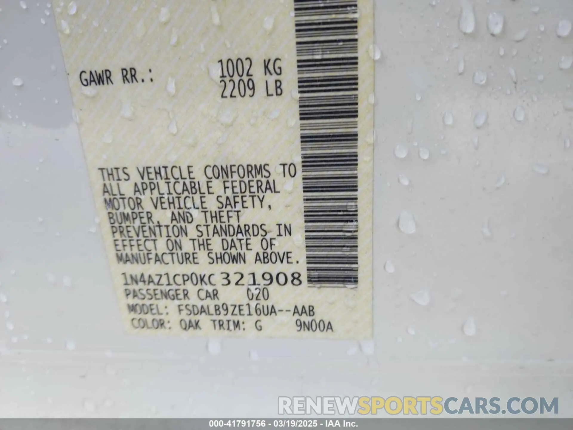 9 Photograph of a damaged car 1N4AZ1CP0KC321908 NISSAN LEAF 2019