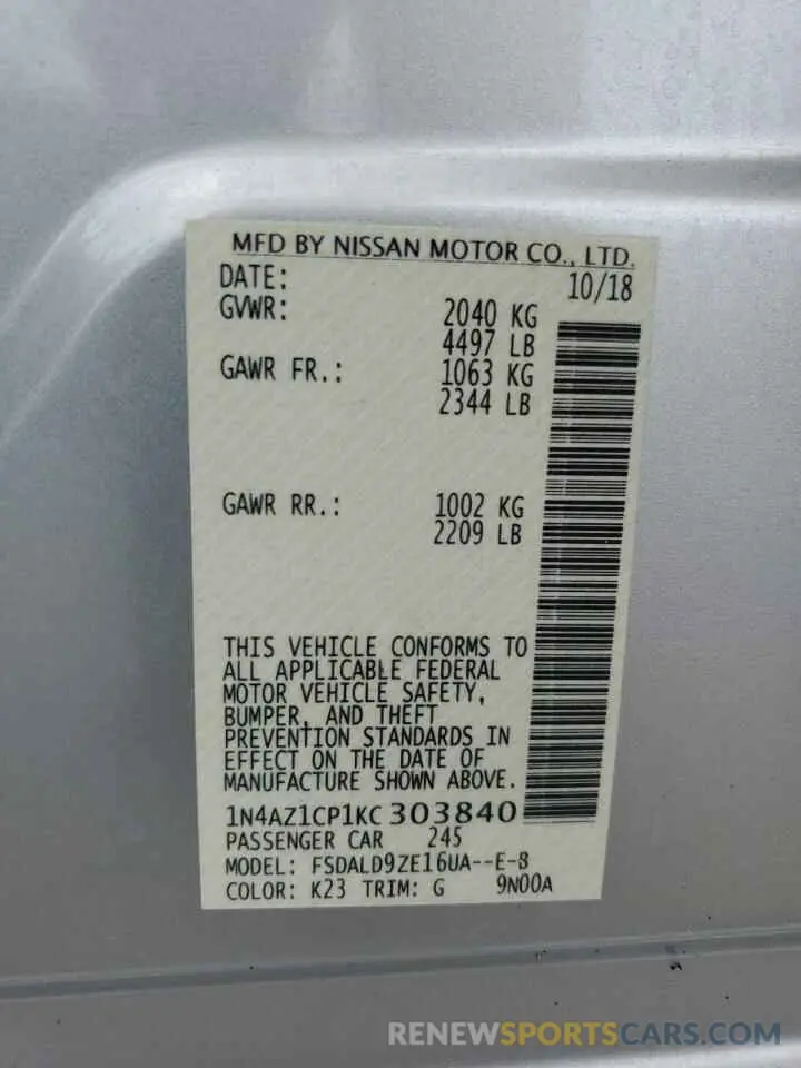 12 Photograph of a damaged car 1N4AZ1CP1KC303840 NISSAN LEAF 2019