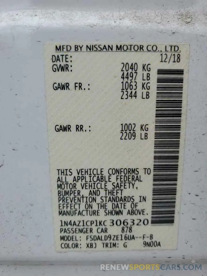 13 Photograph of a damaged car 1N4AZ1CP1KC306320 NISSAN LEAF 2019