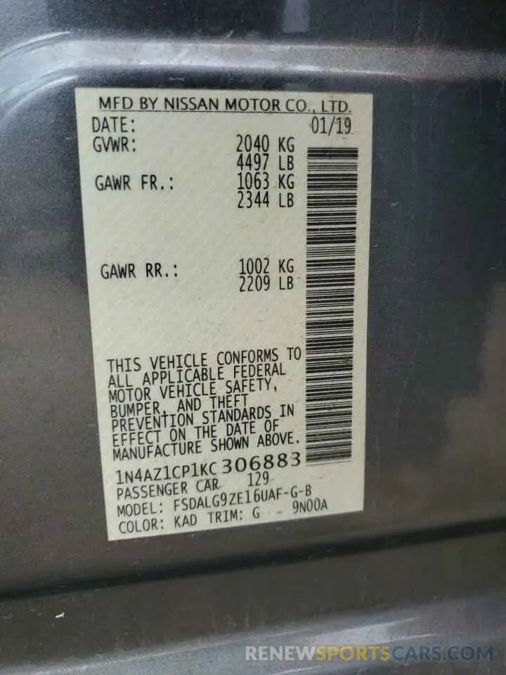 12 Photograph of a damaged car 1N4AZ1CP1KC306883 NISSAN LEAF 2019