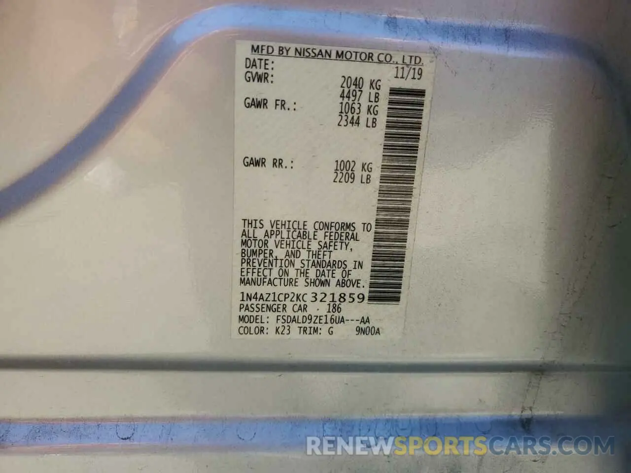 13 Photograph of a damaged car 1N4AZ1CP2KC321859 NISSAN LEAF 2019