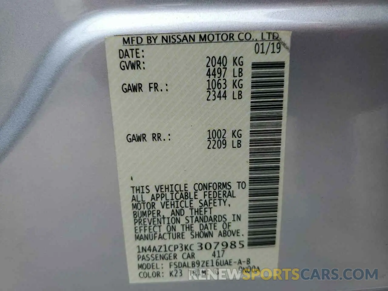 13 Photograph of a damaged car 1N4AZ1CP3KC307985 NISSAN LEAF 2019