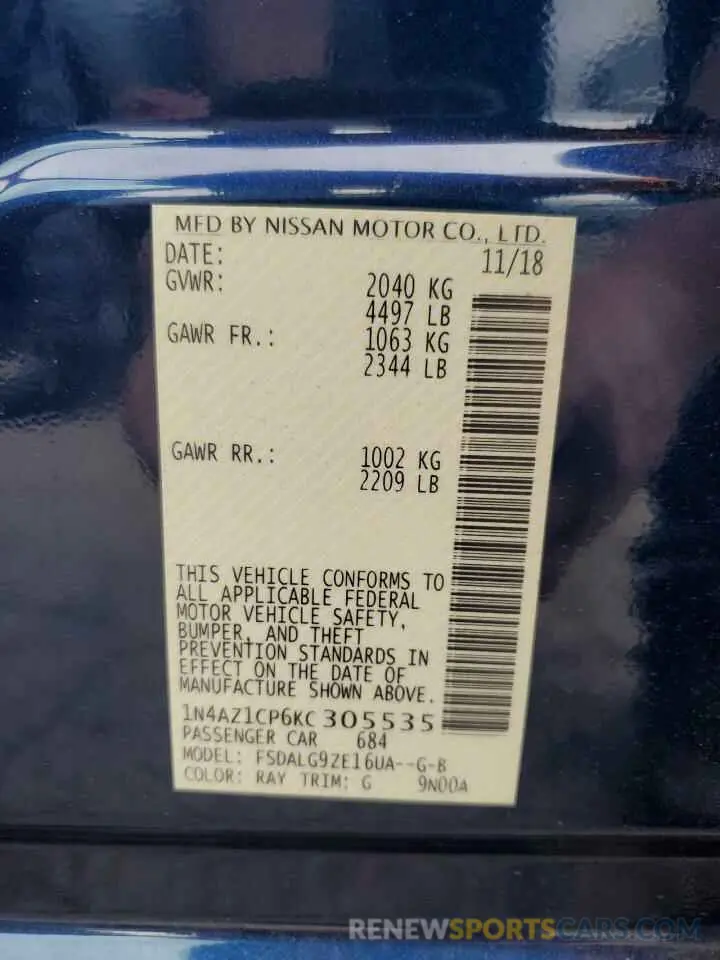 12 Photograph of a damaged car 1N4AZ1CP6KC305535 NISSAN LEAF 2019