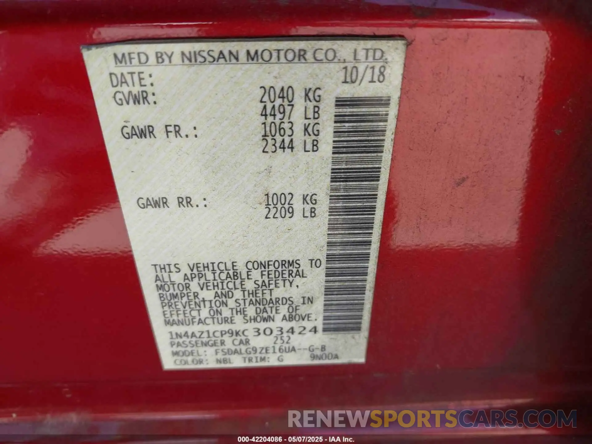 9 Photograph of a damaged car 1N4AZ1CP9KC303424 NISSAN LEAF 2019