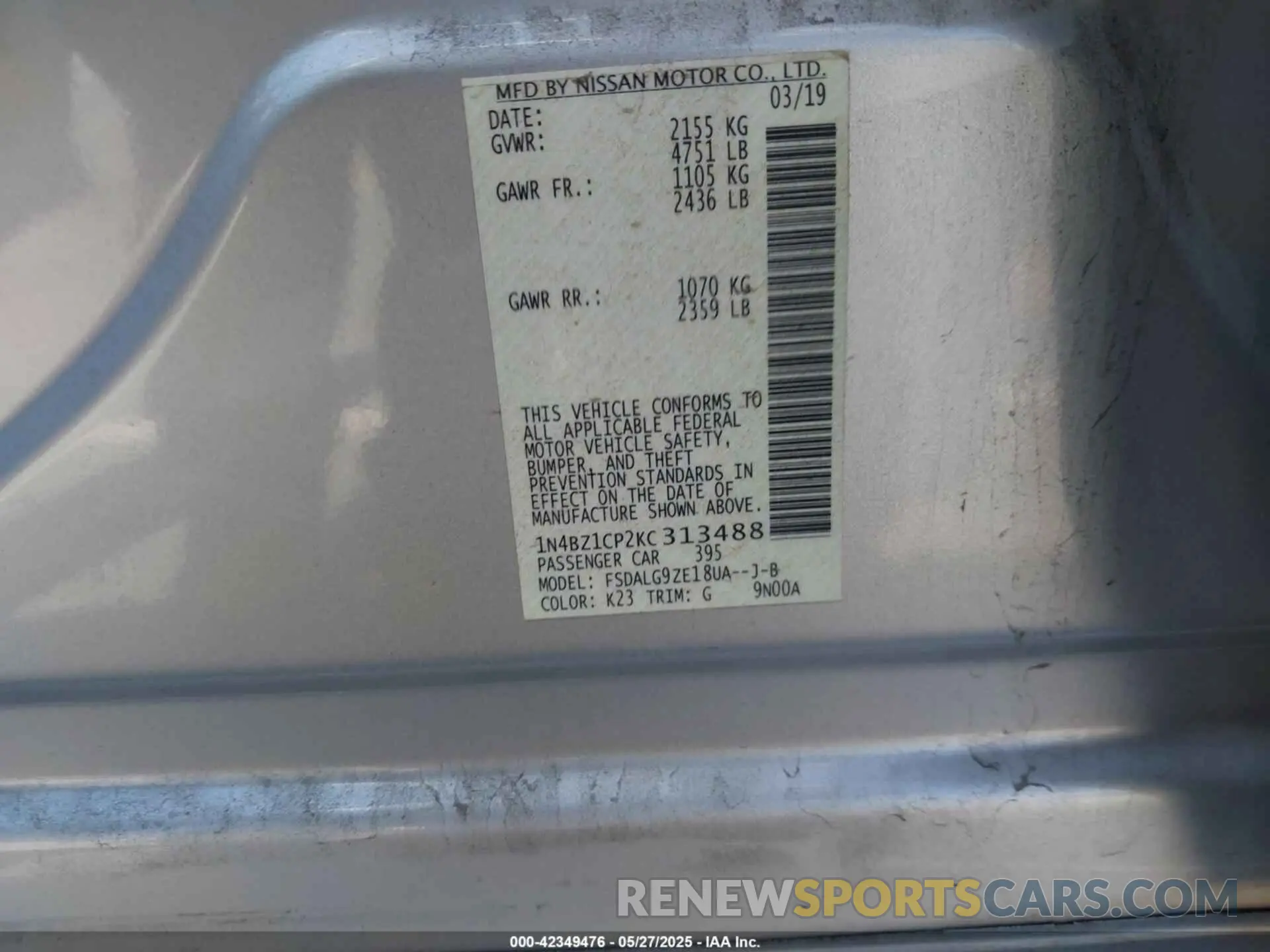 9 Photograph of a damaged car 1N4BZ1CP2KC313488 NISSAN LEAF 2019