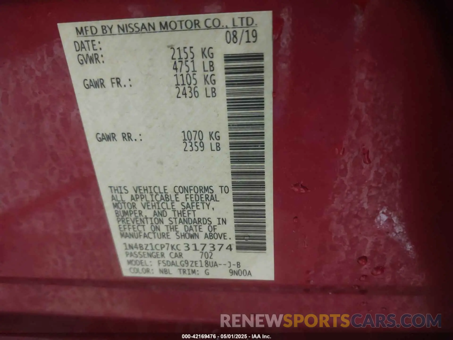 9 Photograph of a damaged car 1N4BZ1CP7KC317374 NISSAN LEAF 2019