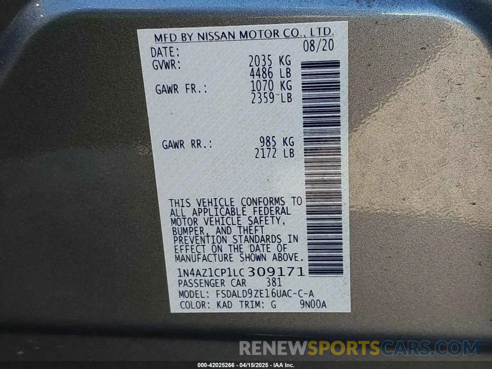 9 Photograph of a damaged car 1N4AZ1CP1LC309171 NISSAN LEAF 2020