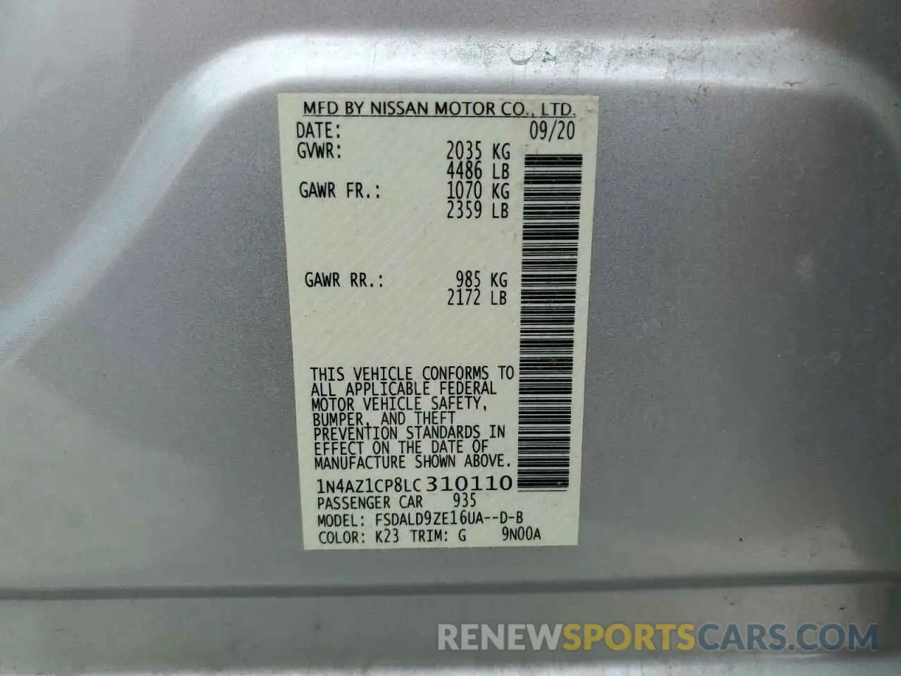 12 Photograph of a damaged car 1N4AZ1CP8LC310110 NISSAN LEAF 2020