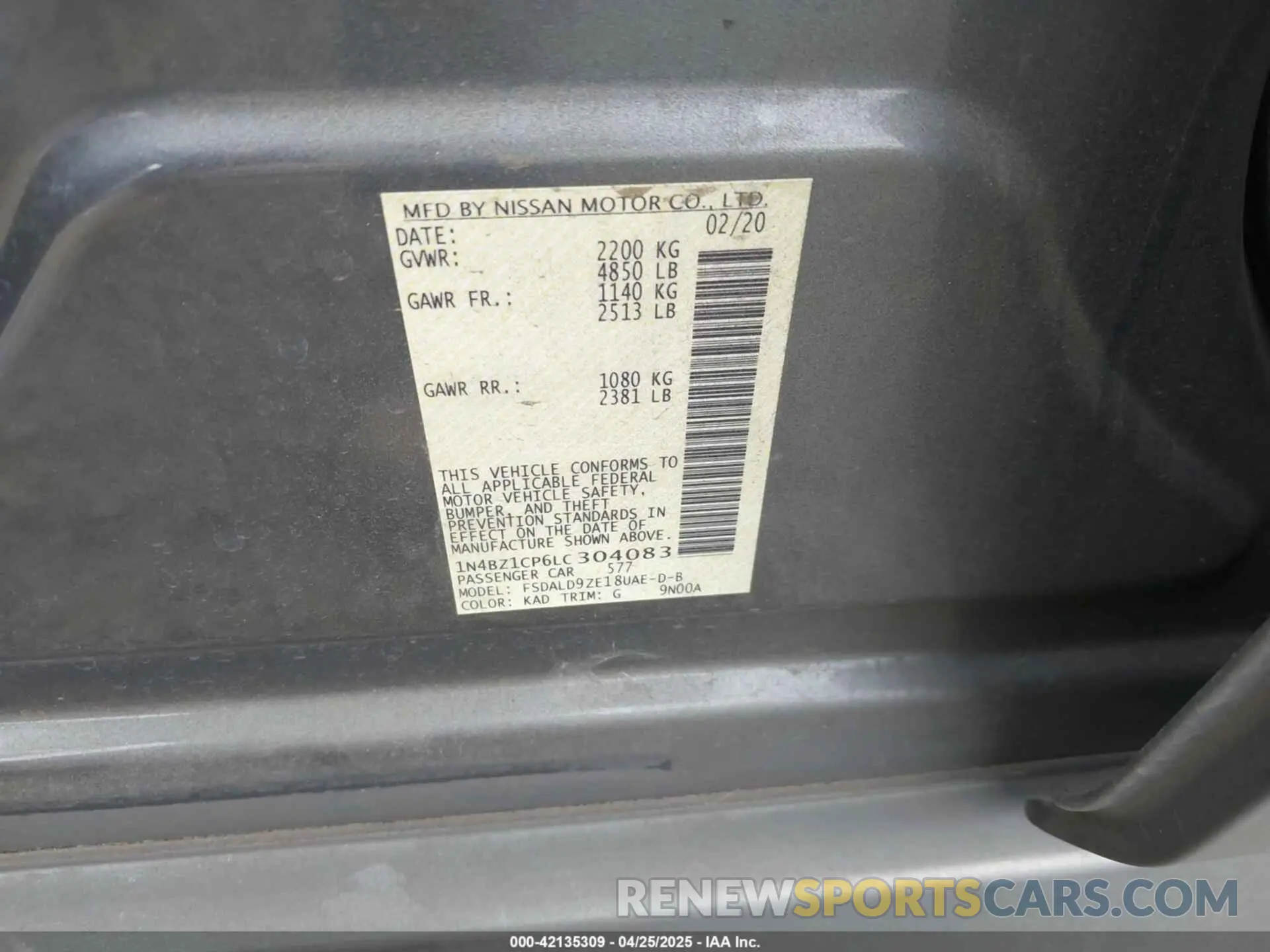 9 Photograph of a damaged car 1N4BZ1CP6LC304083 NISSAN LEAF 2020