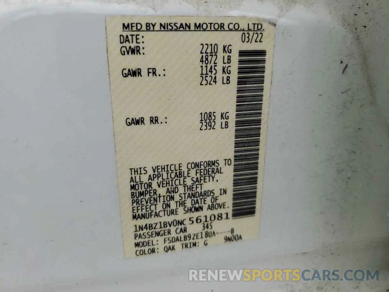 12 Photograph of a damaged car 1N4BZ1BV0NC561081 NISSAN LEAF 2022