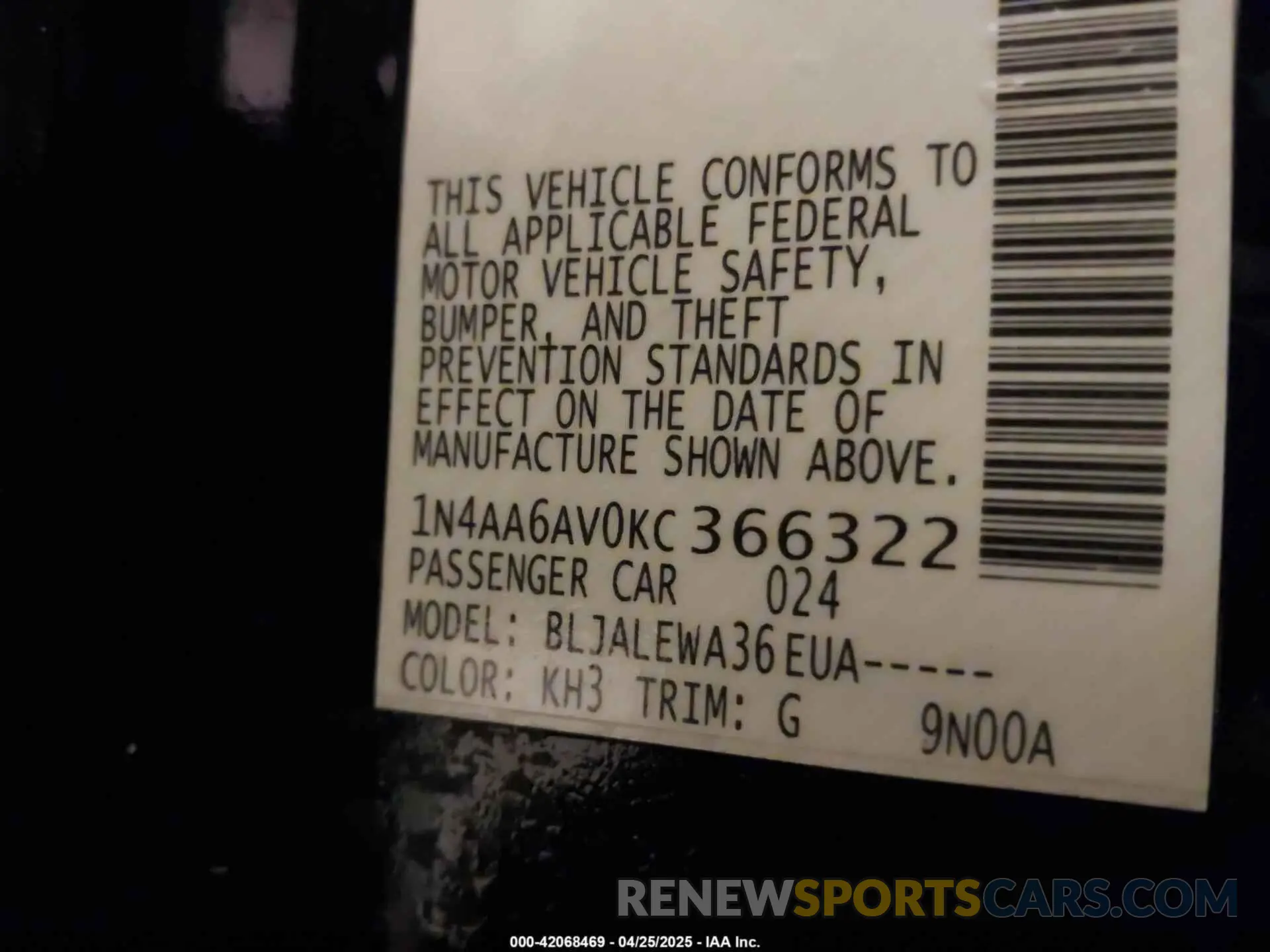 9 Photograph of a damaged car 1N4AA6AV0KC366322 NISSAN MAXIMA 2019