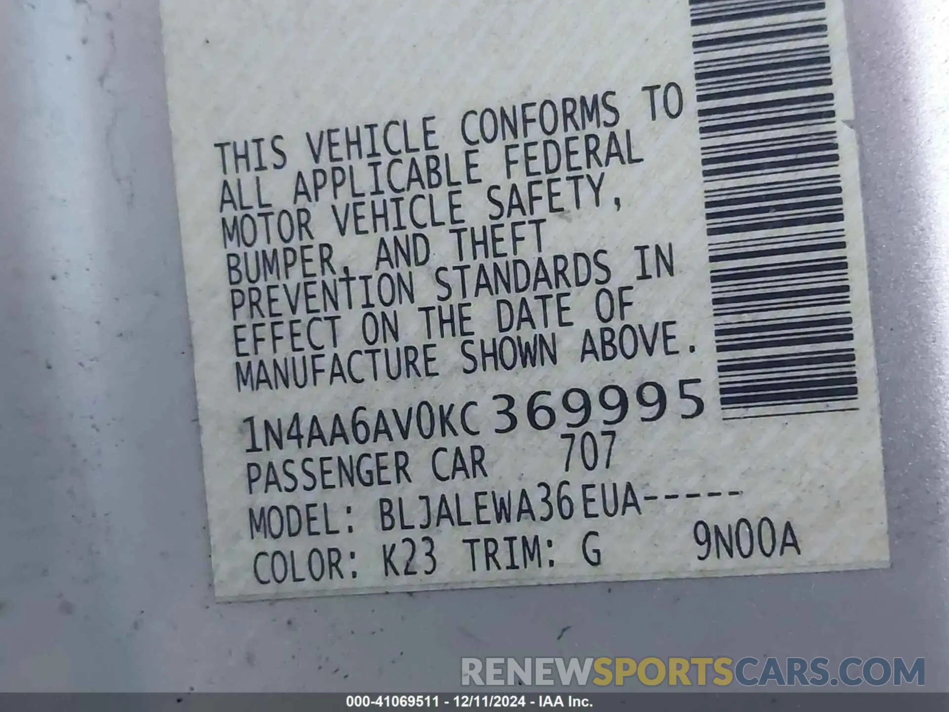 9 Photograph of a damaged car 1N4AA6AV0KC369995 NISSAN MAXIMA 2019