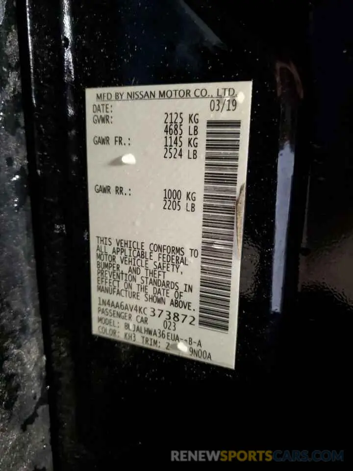 13 Photograph of a damaged car 1N4AA6AV4KC373872 NISSAN MAXIMA 2019