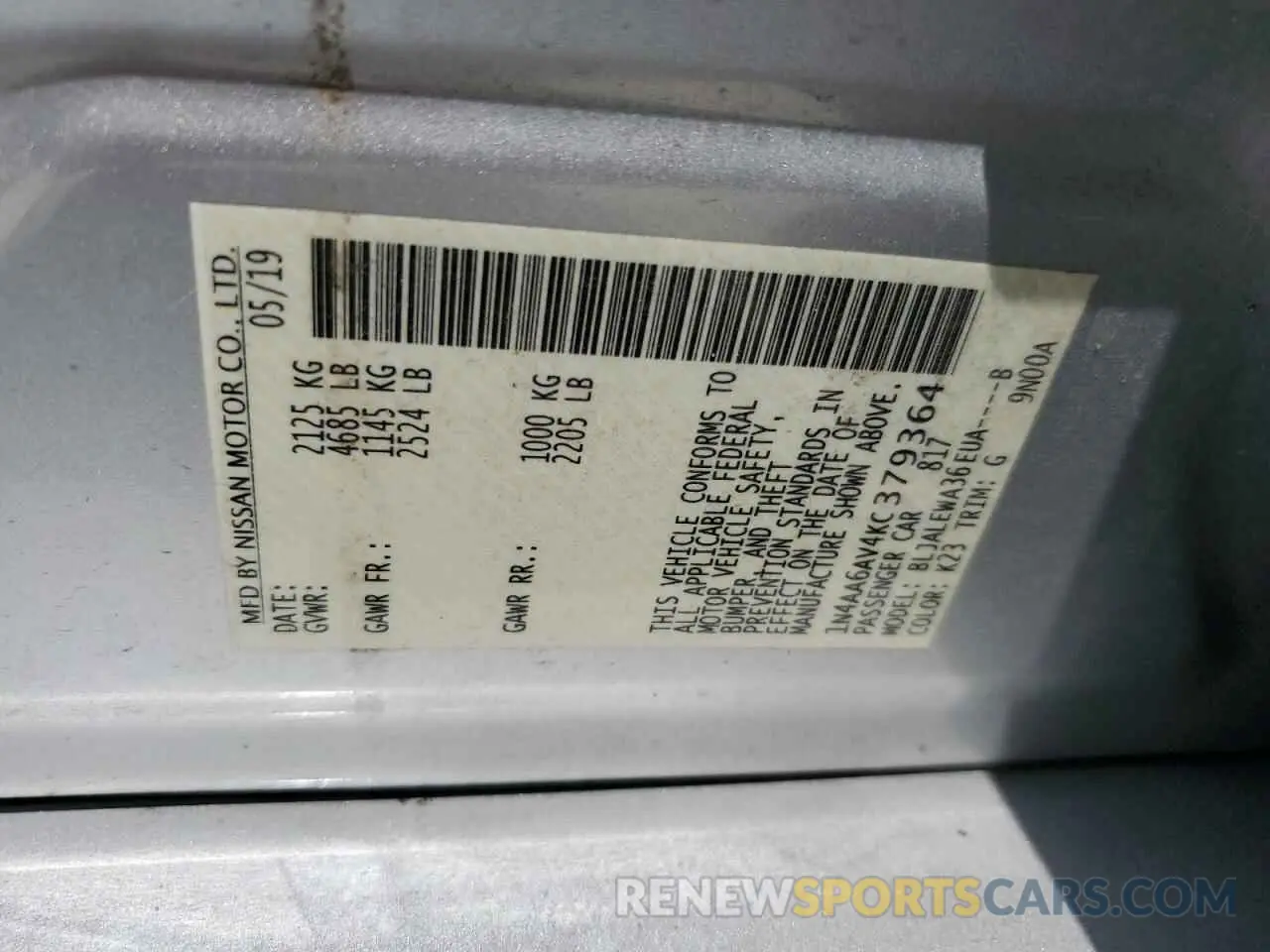 12 Photograph of a damaged car 1N4AA6AV4KC379364 NISSAN MAXIMA 2019