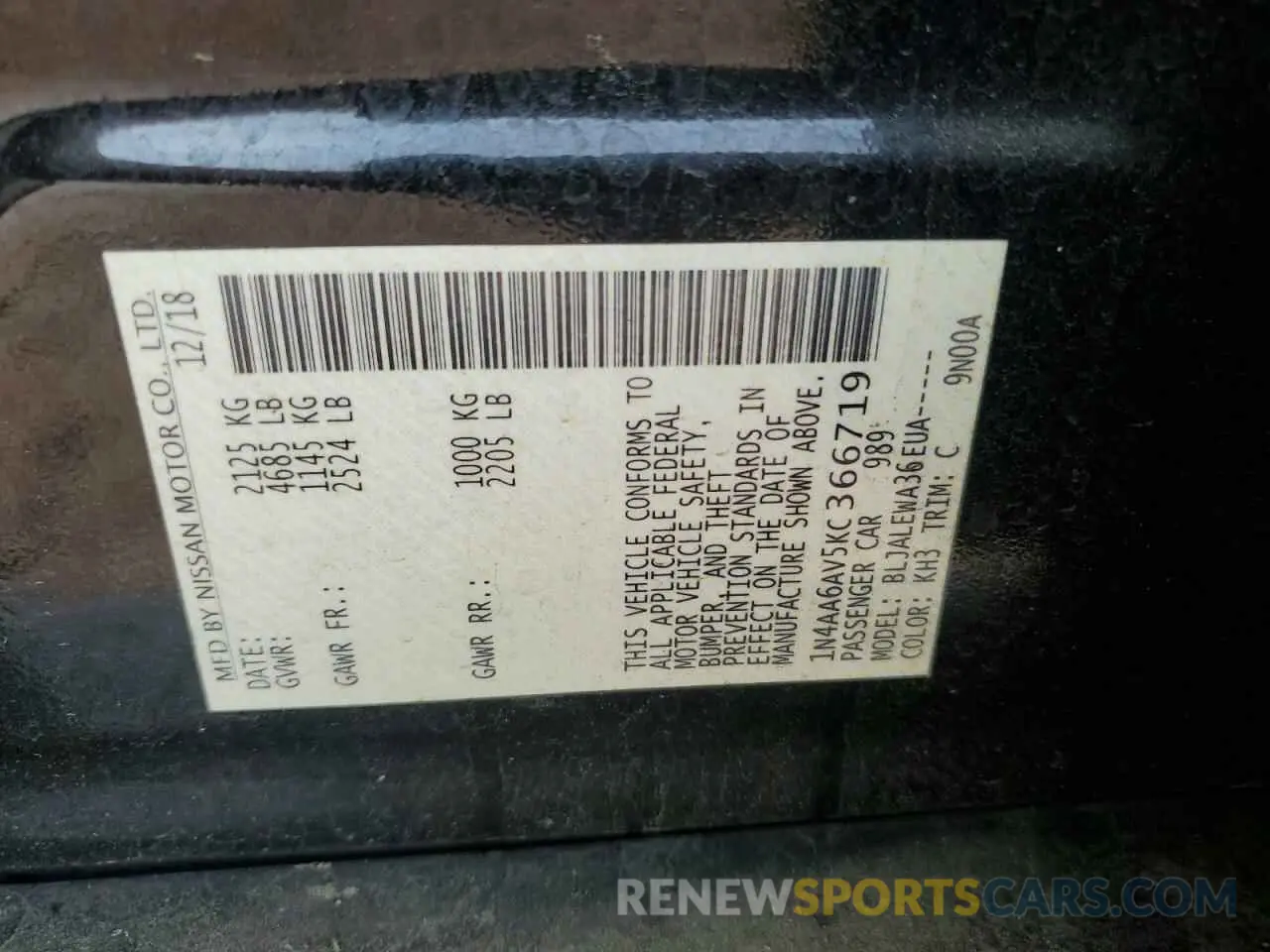 12 Photograph of a damaged car 1N4AA6AV5KC366719 NISSAN MAXIMA 2019