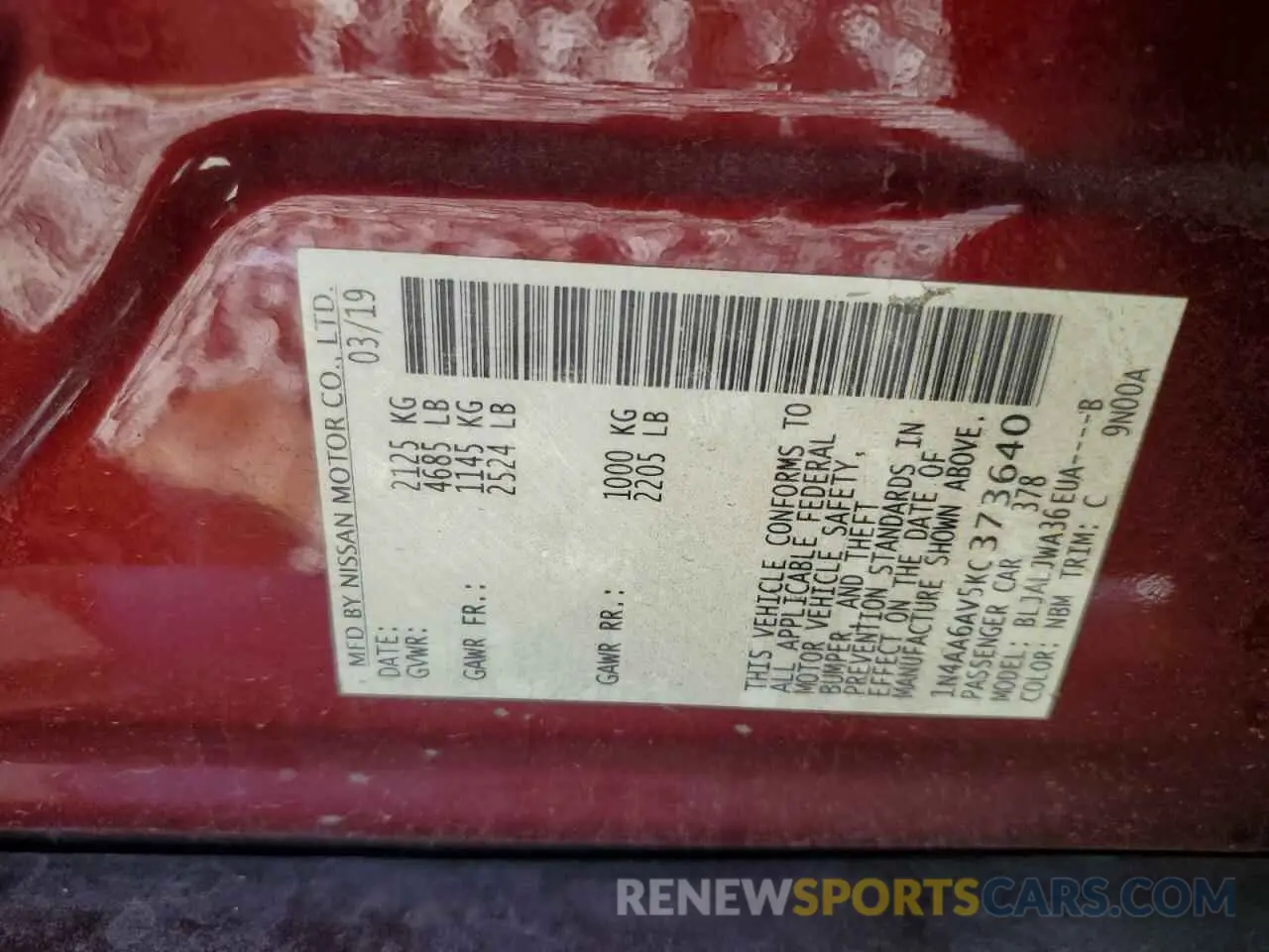 12 Photograph of a damaged car 1N4AA6AV5KC373640 NISSAN MAXIMA 2019