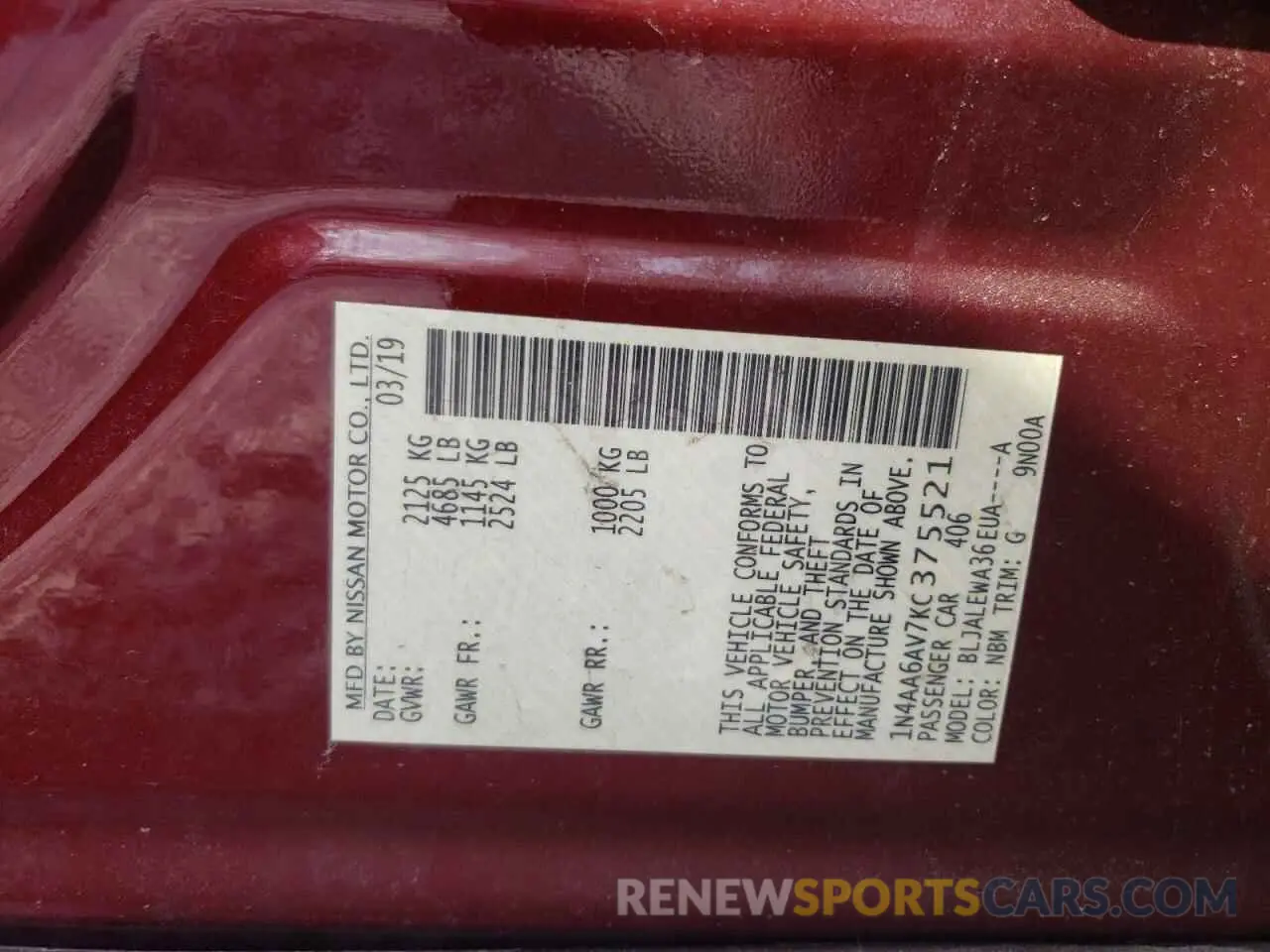 12 Photograph of a damaged car 1N4AA6AV7KC375521 NISSAN MAXIMA 2019