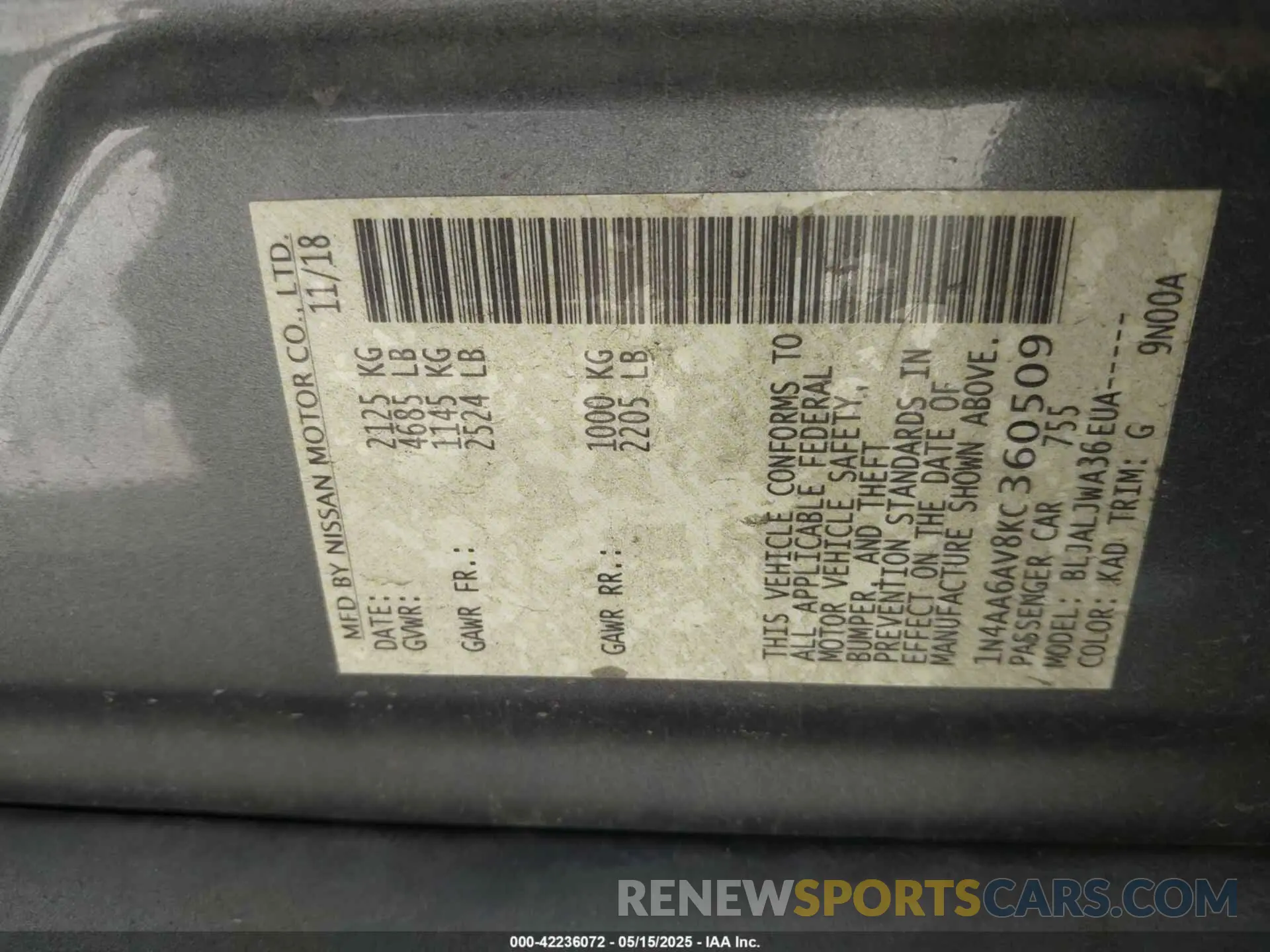 9 Photograph of a damaged car 1N4AA6AV8KC360509 NISSAN MAXIMA 2019