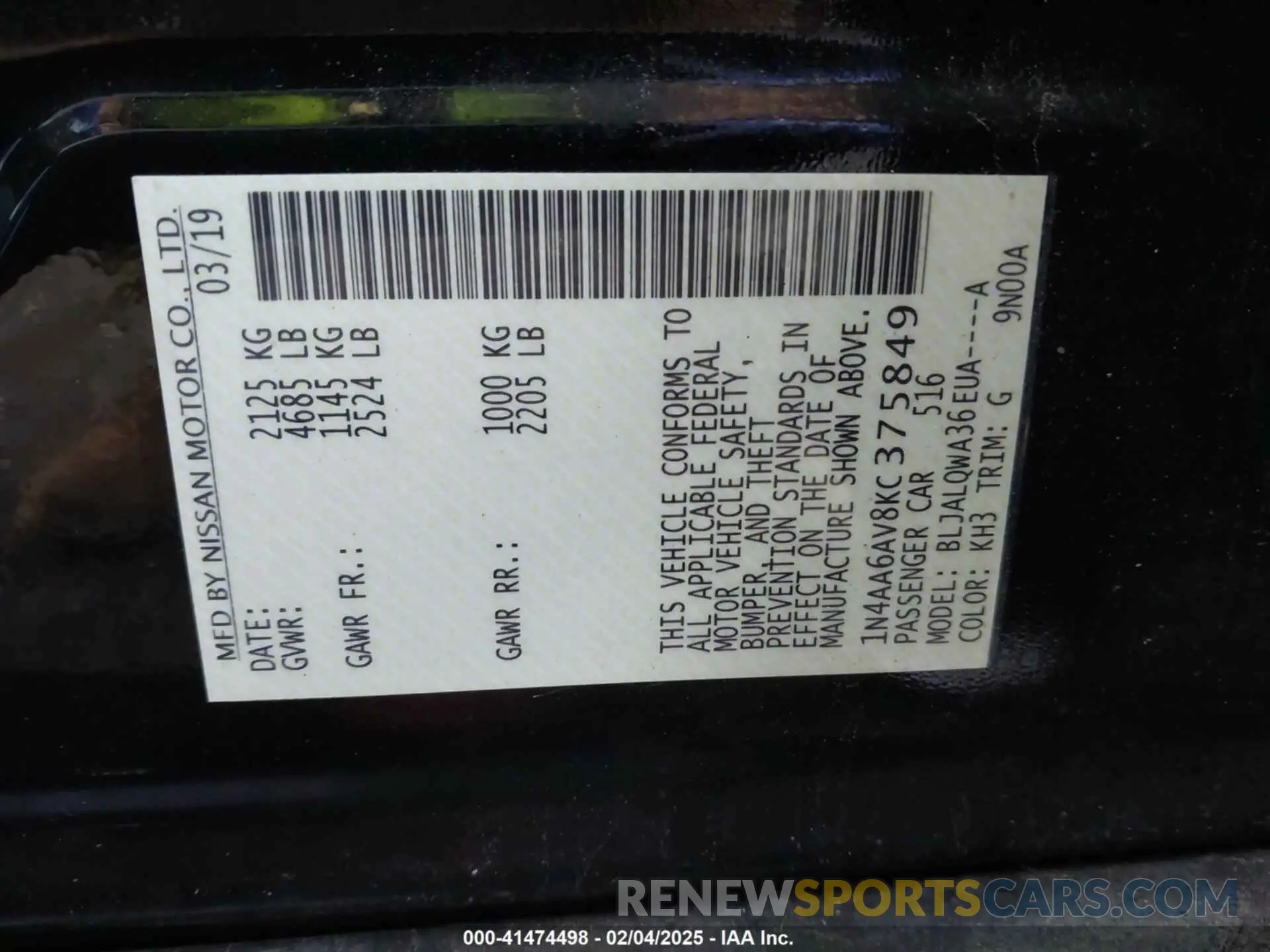 9 Photograph of a damaged car 1N4AA6AV8KC375849 NISSAN MAXIMA 2019