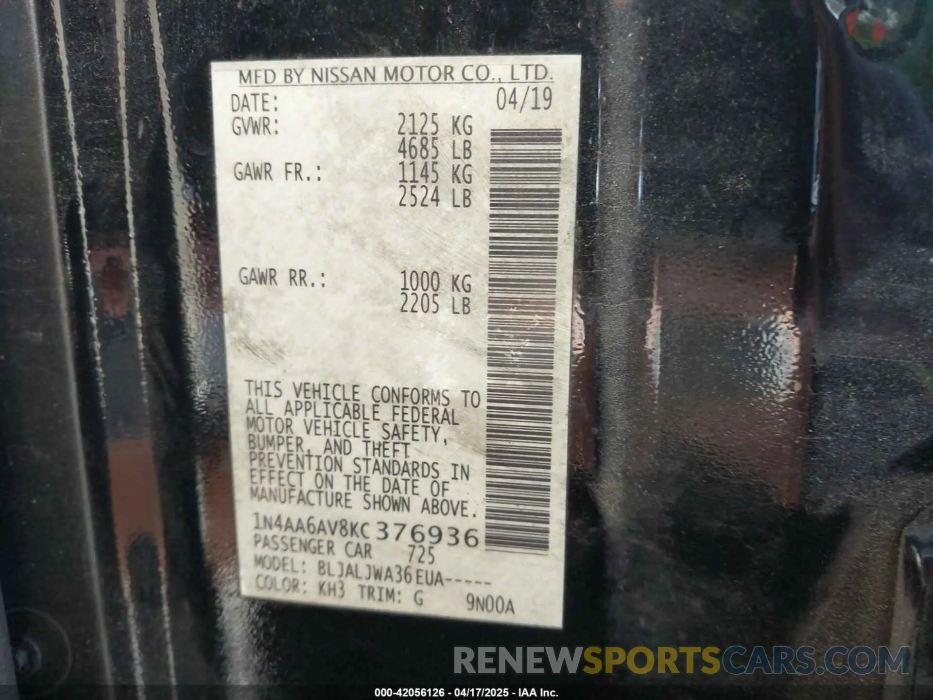 9 Photograph of a damaged car 1N4AA6AV8KC376936 NISSAN MAXIMA 2019