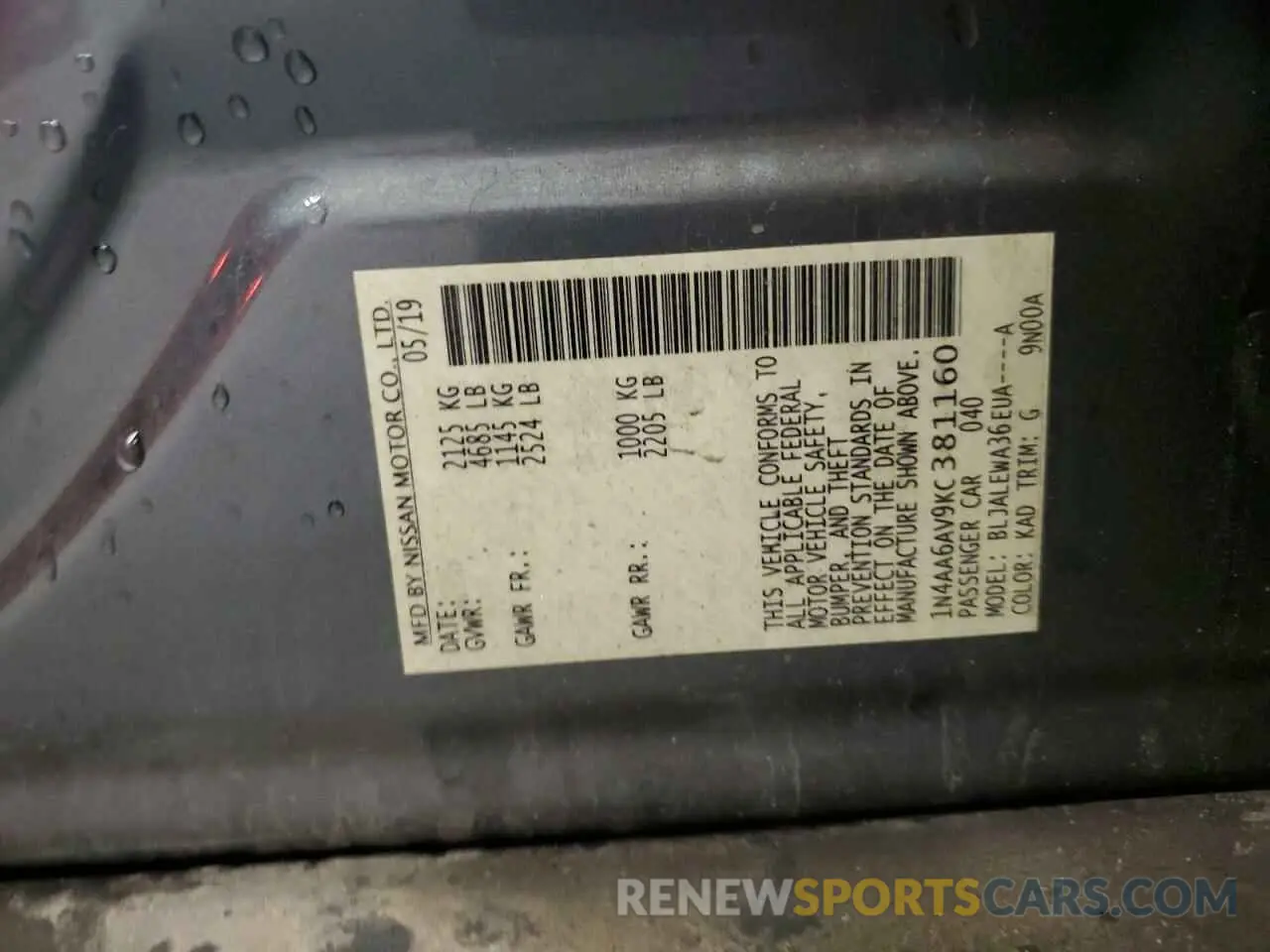 12 Photograph of a damaged car 1N4AA6AV9KC381160 NISSAN MAXIMA 2019