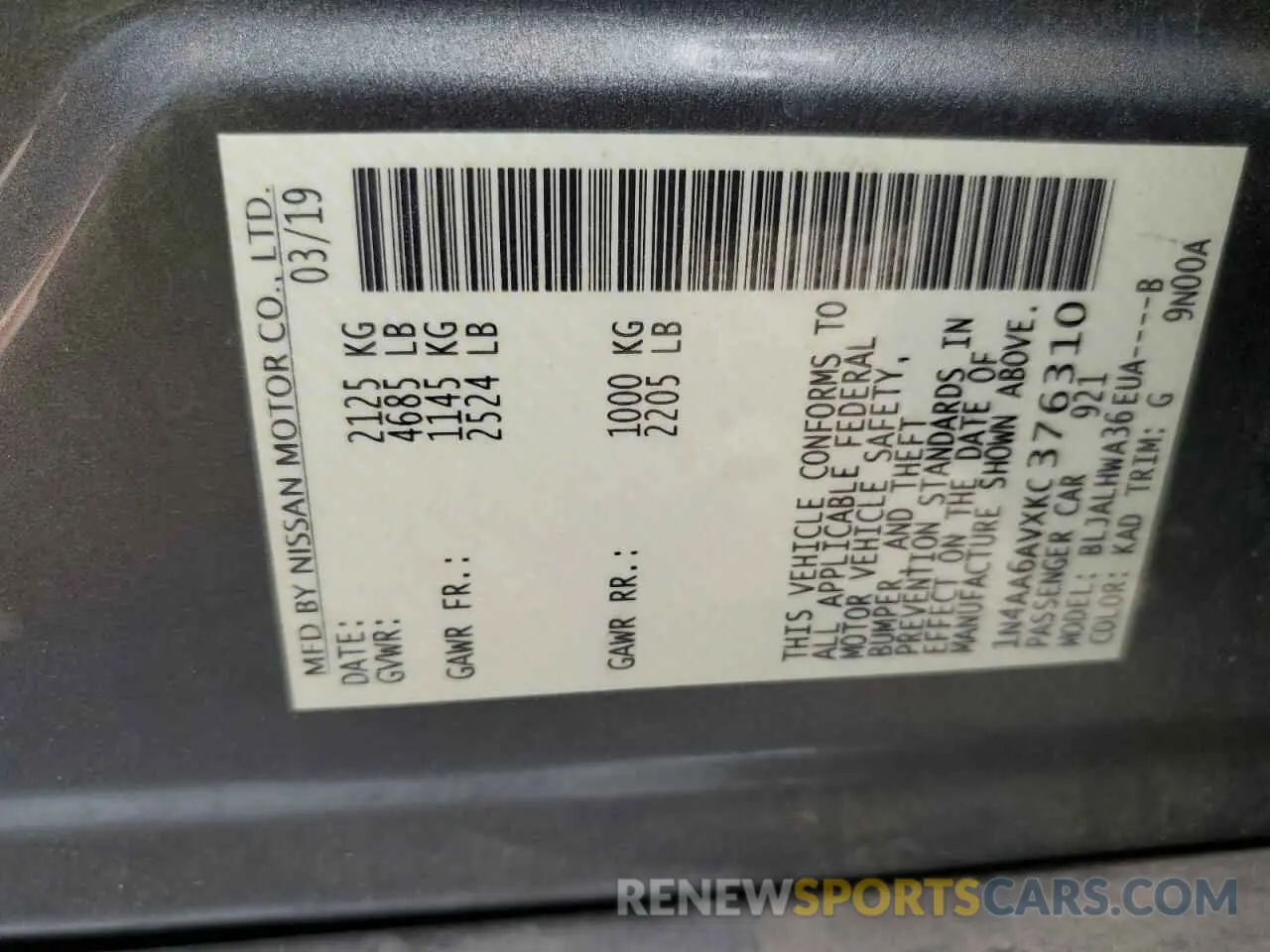 13 Photograph of a damaged car 1N4AA6AVXKC376310 NISSAN MAXIMA 2019