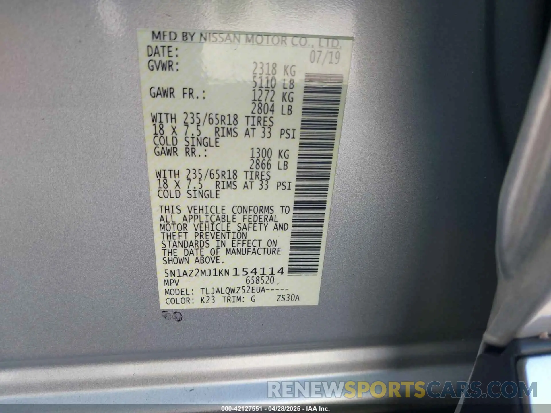9 Photograph of a damaged car 5N1AZ2MJ1KN154114 NISSAN MURANO 2019