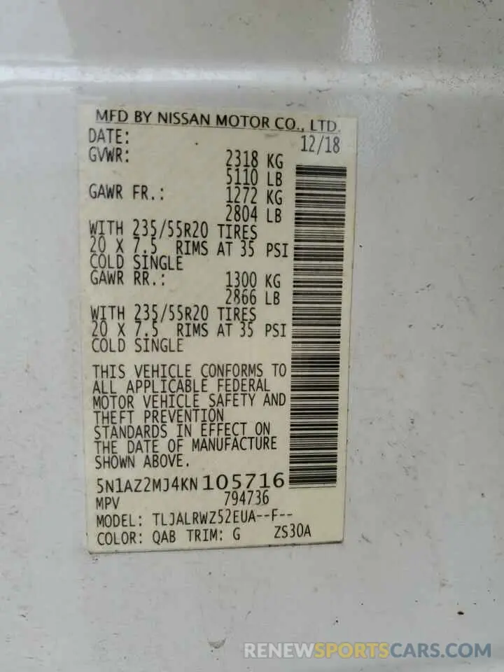 13 Photograph of a damaged car 5N1AZ2MJ4KN105716 NISSAN MURANO 2019