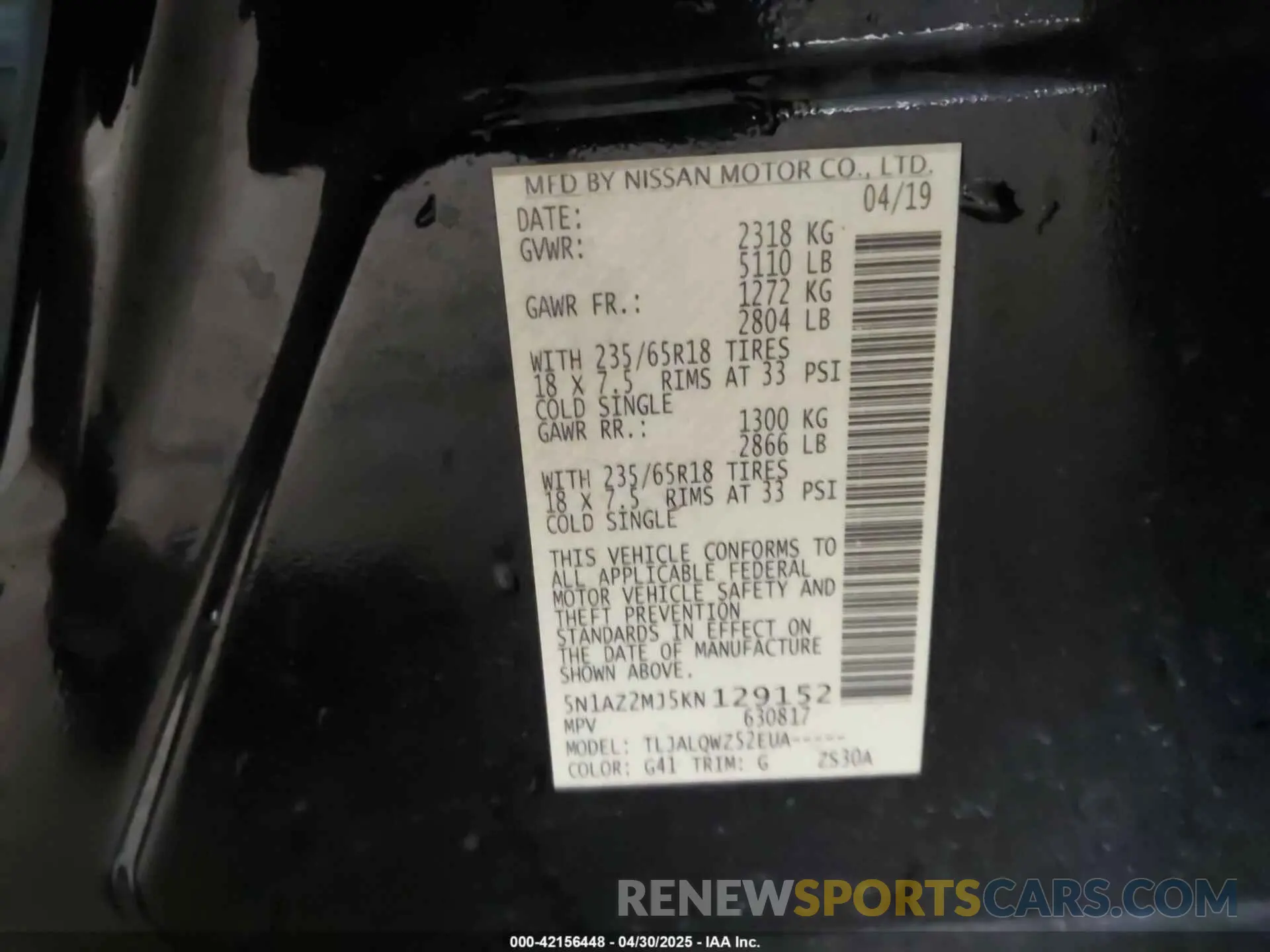 9 Photograph of a damaged car 5N1AZ2MJ5KN129152 NISSAN MURANO 2019
