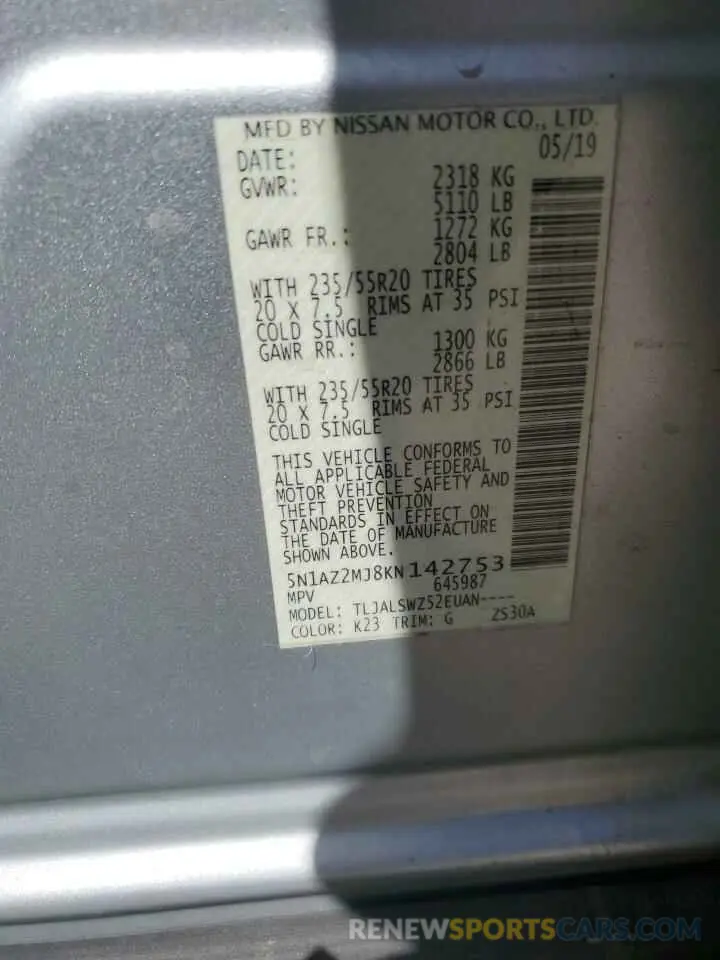 13 Photograph of a damaged car 5N1AZ2MJ8KN142753 NISSAN MURANO 2019