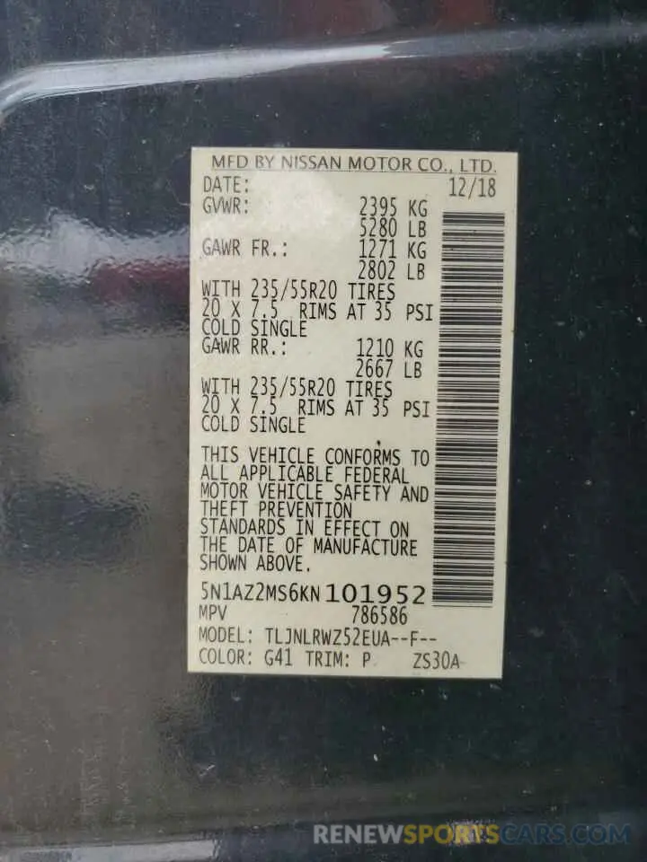 12 Photograph of a damaged car 5N1AZ2MS6KN101952 NISSAN MURANO 2019