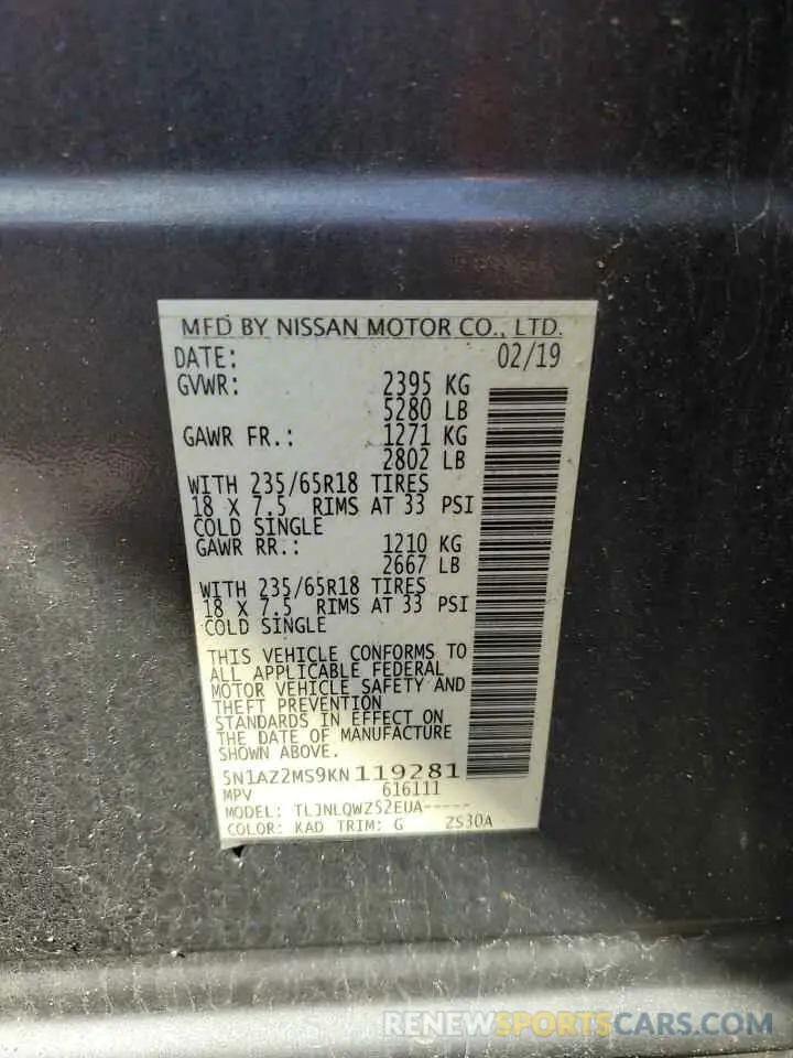 13 Photograph of a damaged car 5N1AZ2MS9KN119281 NISSAN MURANO 2019