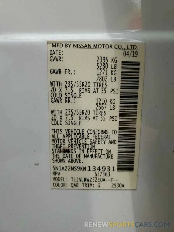 13 Photograph of a damaged car 5N1AZ2MS9KN134931 NISSAN MURANO 2019