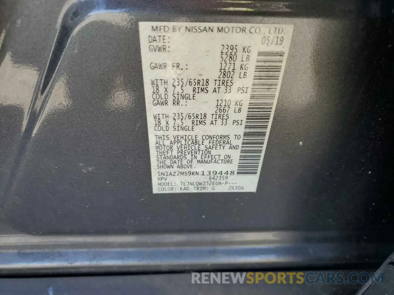 15 Photograph of a damaged car 5N1AZ2MS9KN139448 NISSAN MURANO 2019