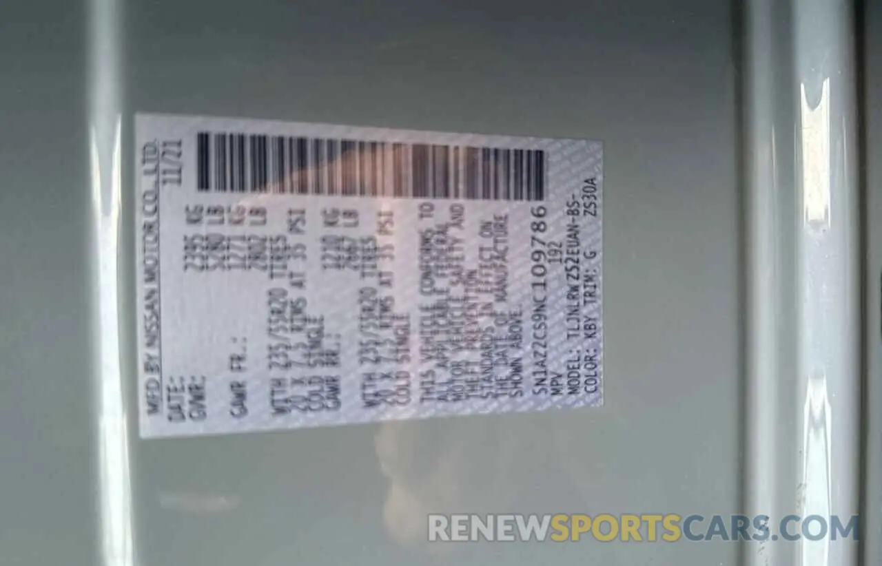 10 Photograph of a damaged car 5N1AZ2CS9NC109786 NISSAN MURANO 2022