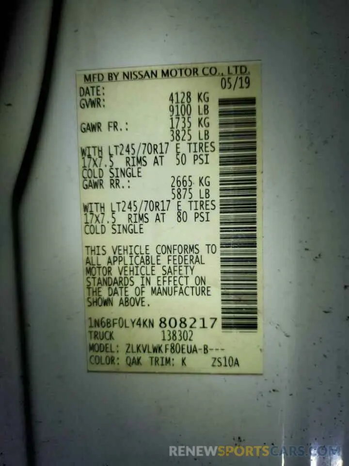 14 Photograph of a damaged car 1N6BF0LY4KN808217 NISSAN NV 2019