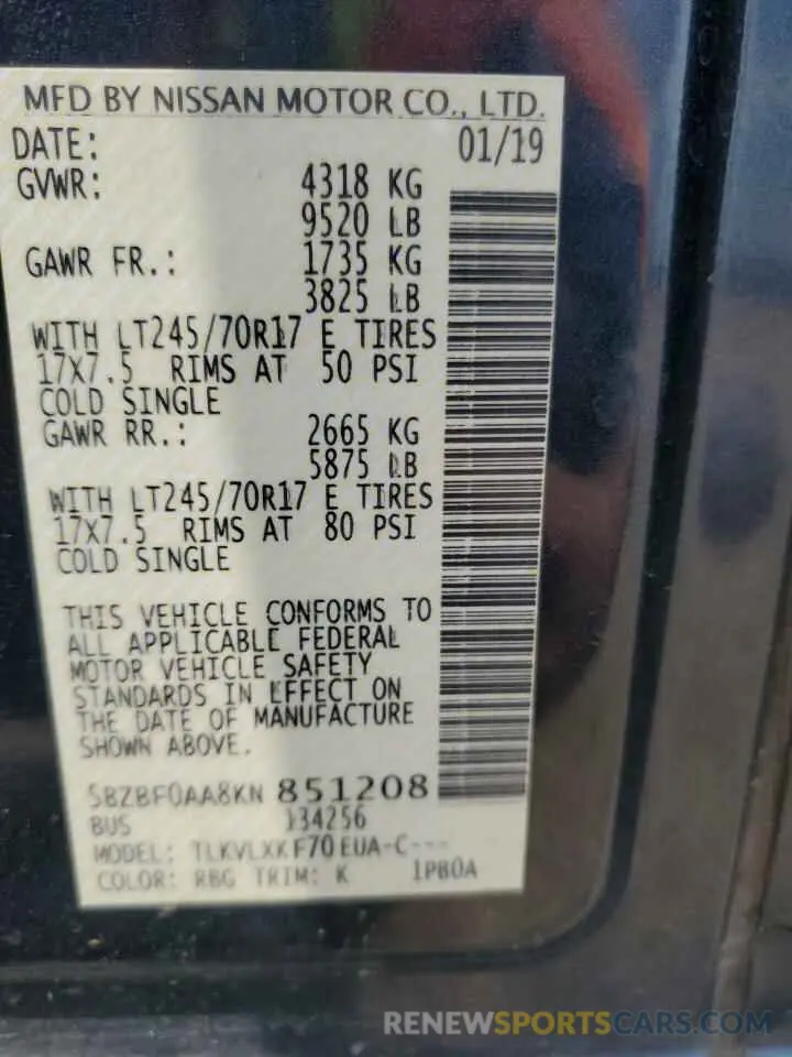 12 Photograph of a damaged car 5BZBF0AA8KN851208 NISSAN NV 2019