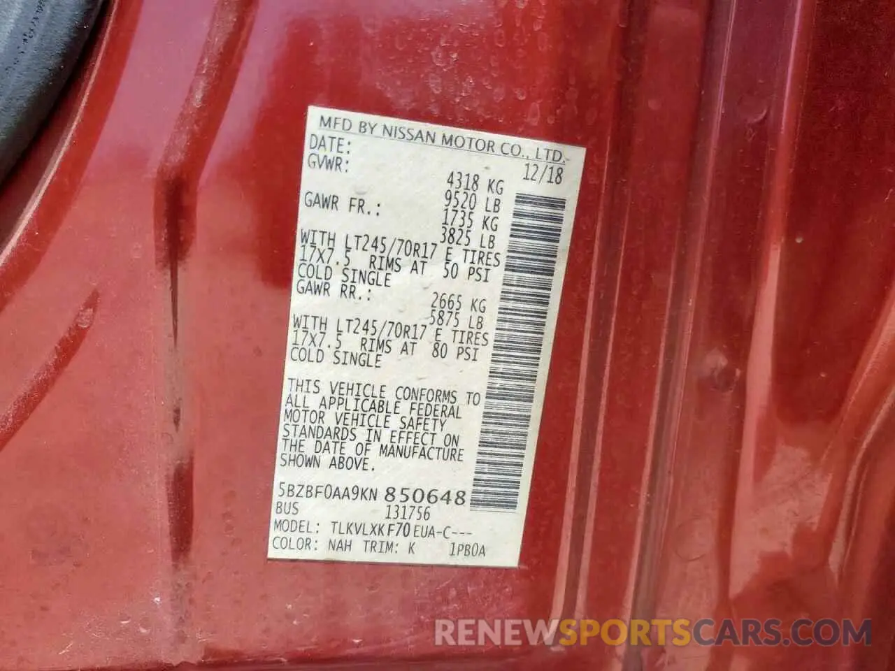 13 Photograph of a damaged car 5BZBF0AA9KN850648 NISSAN NV 2019