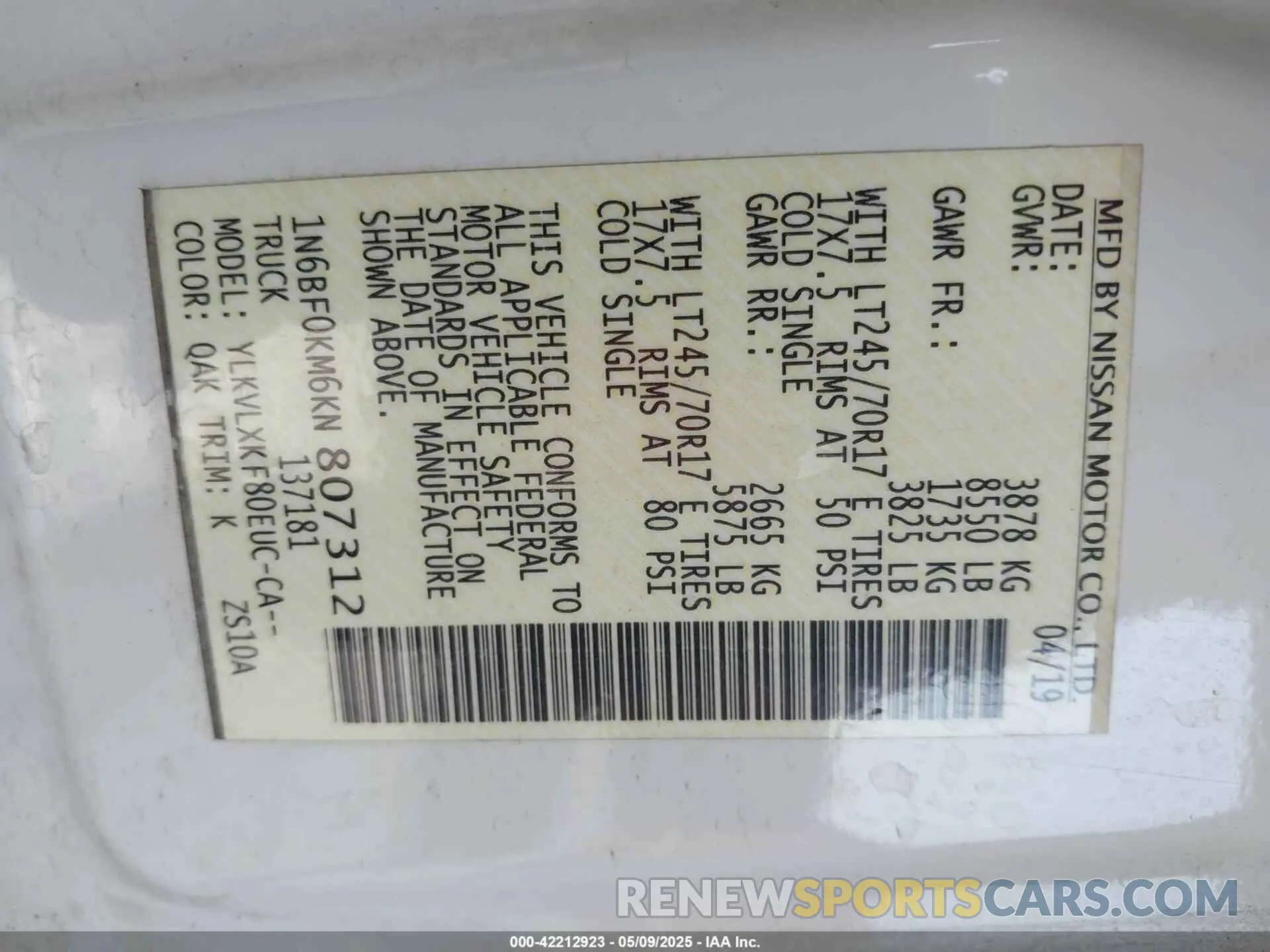 9 Photograph of a damaged car 1N6BF0KM6KN807312 NISSAN NV CARGO NV1500 2019