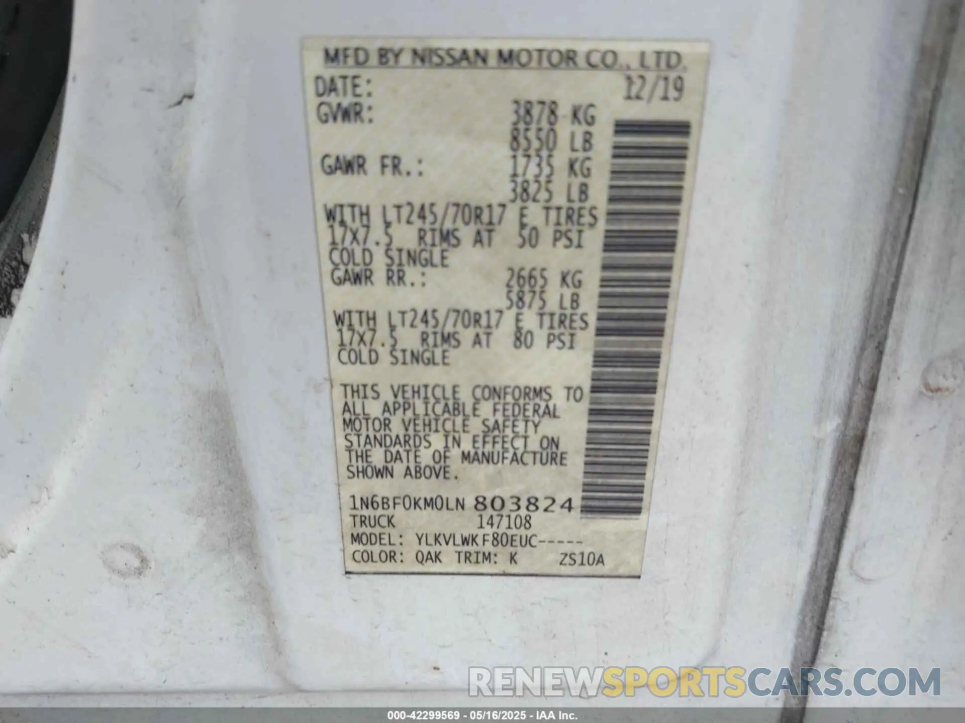 9 Photograph of a damaged car 1N6BF0KM0LN803824 NISSAN NV CARGO NV1500 2020