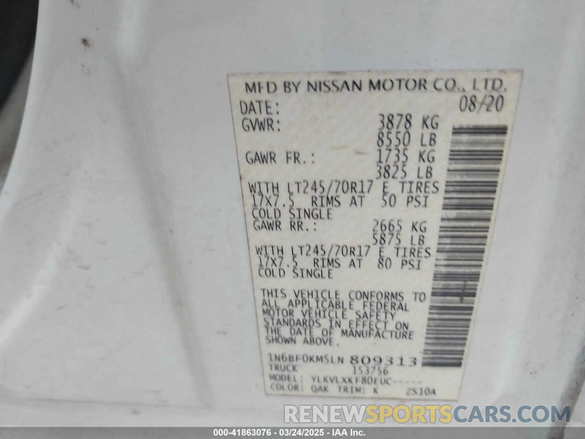 9 Photograph of a damaged car 1N6BF0KM5LN809313 NISSAN NV CARGO NV1500 2020