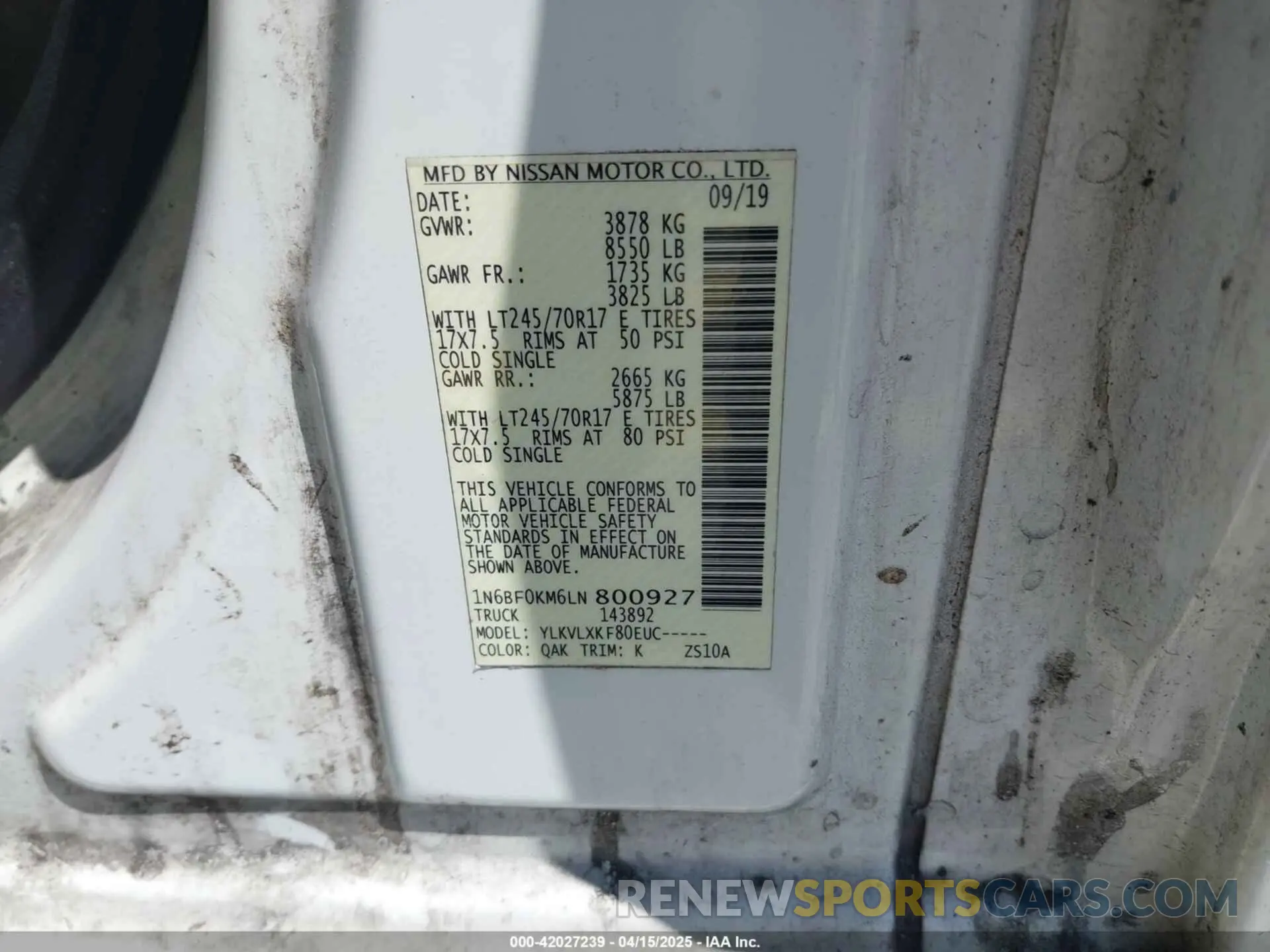 9 Photograph of a damaged car 1N6BF0KM6LN800927 NISSAN NV CARGO NV1500 2020