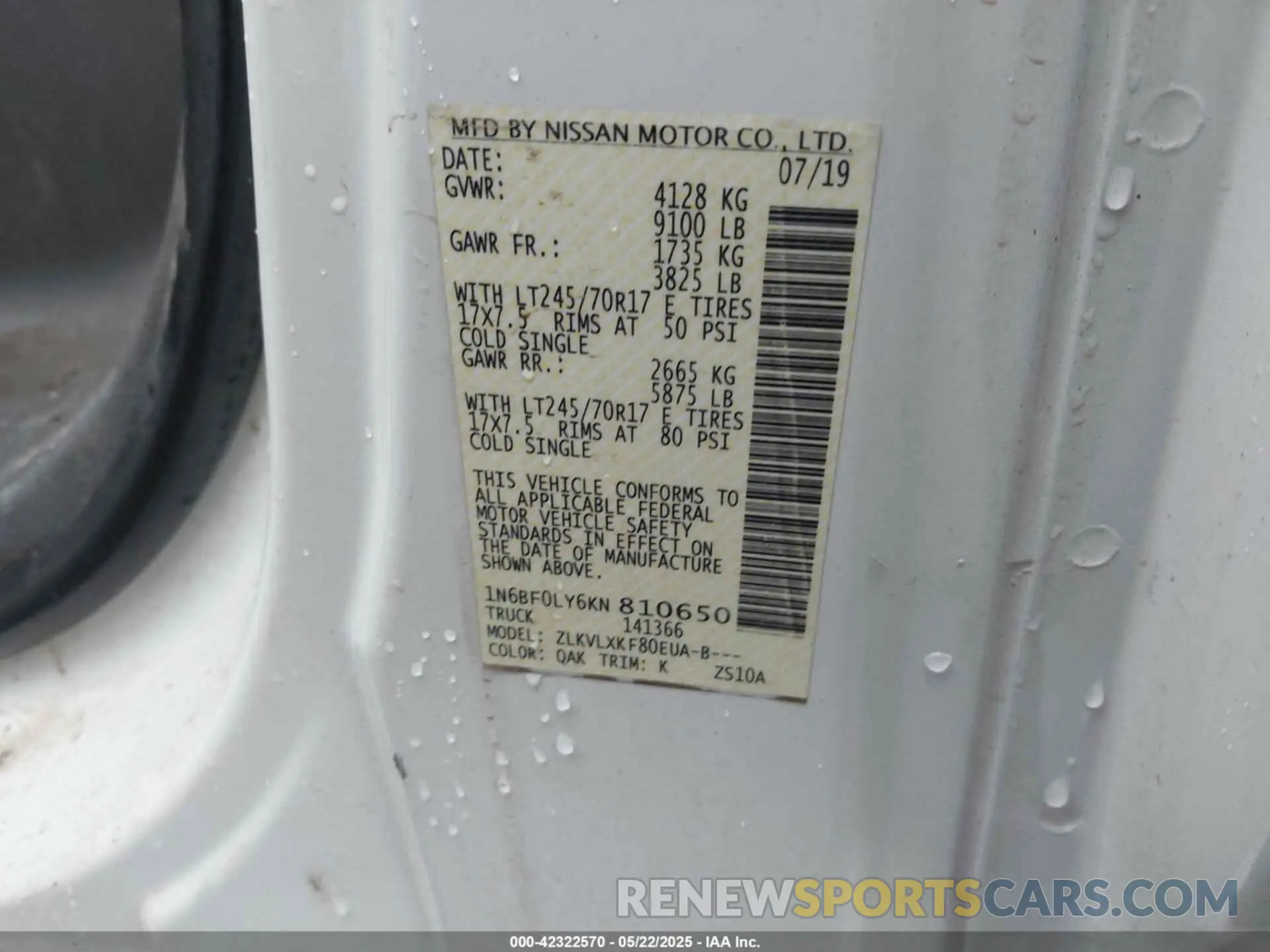 9 Photograph of a damaged car 1N6BF0LY6KN810650 NISSAN NV CARGO NV2500 HD 2019