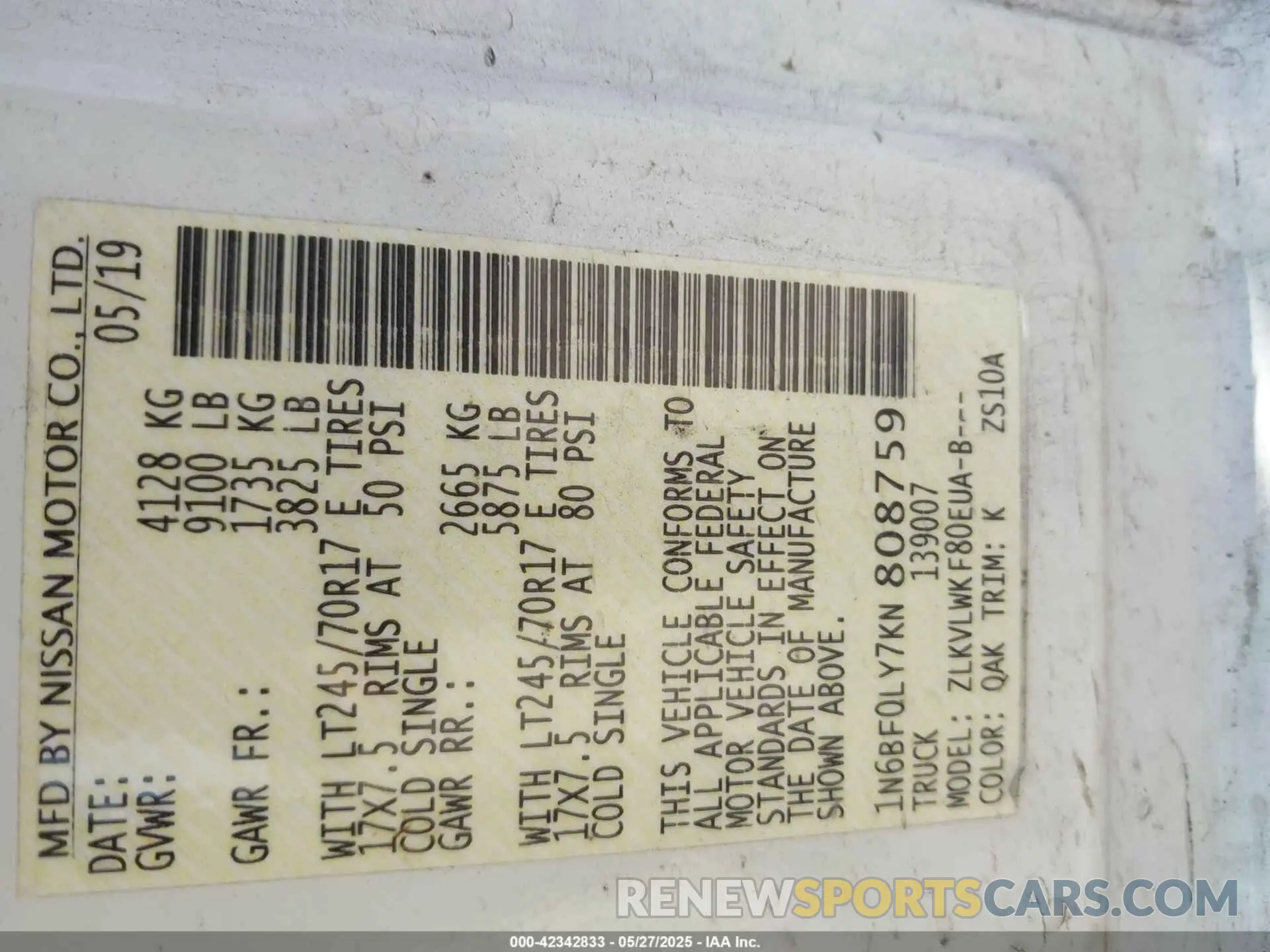 9 Photograph of a damaged car 1N6BF0LY7KN808759 NISSAN NV CARGO NV2500 HD 2019